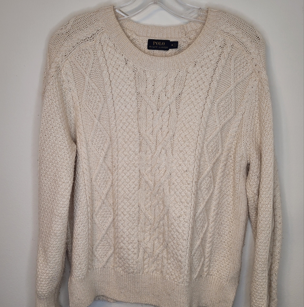 Polo Sweater Ralph Lauren Cableknit Cream Soft Size M Chunky Knit